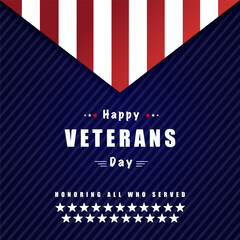  Veterans Day Vector illustration, Honoring all who served, USA flag waving on blue background. 