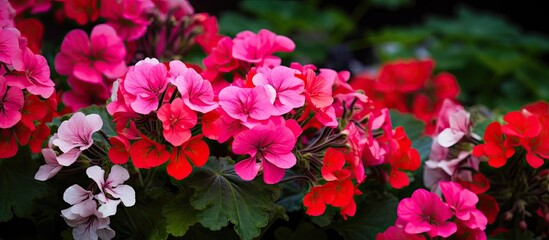 In the lush garden filled with vibrant flowers the botanical enthusiast admired the colorful geraniums and pelargoniums appreciating their beauty against the botanical background - obrazy, fototapety, plakaty