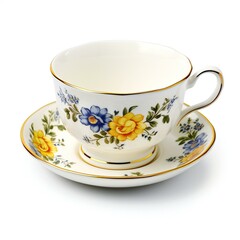 Cup and saucer with floral pattern isolated on white background
