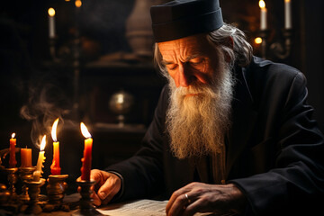 old greek orthodox priest with long beard and hat reads the Holy Bible in a Church by candlelight - obrazy, fototapety, plakaty