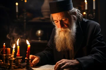 Fotobehang old greek orthodox priest with long beard and hat reads the Holy Bible in a Church by candlelight © Echelon IMG