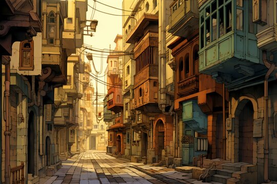Old street in the old city of Istanbul, Turkey,  Digital painting