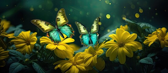 In the background of a beautiful summer garden the vibrant green leaves and colorful flowers created a natural canvas for the dancing butterflies showcasing their stunning beauty in closeup