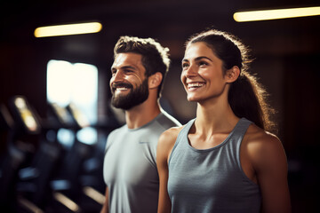 Young couple running on treadmills in modern gym. healthy lifestyle - obrazy, fototapety, plakaty