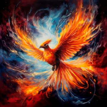 Fire bird, phoenix, mythology. Metaphor of rebirth. AI generative