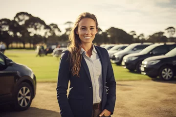 Foto op Aluminium a business woman standing in the garden with coat suit and smiling face looking in the camera, some cars in the background paring in a particular manner and have some trees at the back also © Fahad