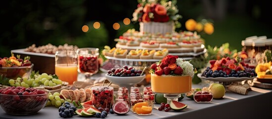 At the luxurious wedding celebration the colorful party table was adorned with a variety of delicious foods including a beautiful birthday cake fresh fruits and sweet candies all carefully 