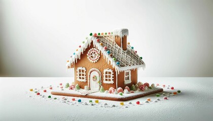 AI generated illustration of a gingerbread house against a white background.
