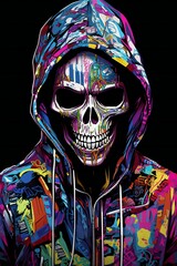 Skull in hooded jacket and colorful graffiti on black background