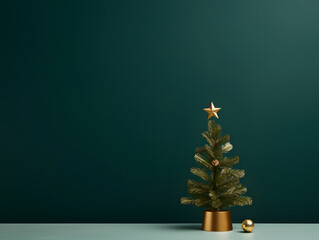 Christmas tree with golden star decoration on green background. 3d render