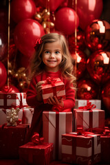 Fototapeta na wymiar Girl with red gifts on a red background on her birthday by Generative AI