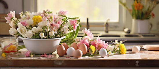 In the farmhouse kitchen a floral arrangement of white and pink flowers added an Easter touch as the chef prepared a healthy breakfast menu using fresh natural ingredients including farm fre