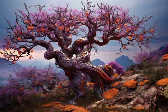 Fantasy landscape with a fantasy tree and orange flowers