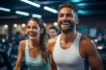 Fototapeta na wymiar Young couple running on treadmills in modern gym. healthy lifestyle