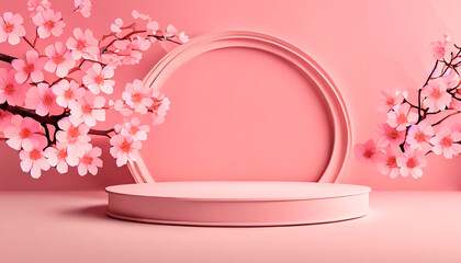 Round podium pedestal cosmetic beauty product presentation empty mockup on pink pastel background with sakura flowers