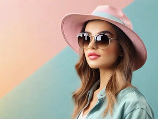 Fototapeta premium Beautiful girl wearing hat and sunglasses against pastel background with space for text, AI generated, background image