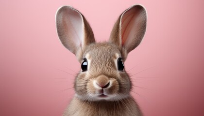 Obraz premium Adorable bunny with pink ears sitting on vibrant solid color background in professional studio shot