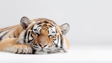 Fototapeta premium portrait of a sleeping male tiger against white background with space for text, AI generated, background image