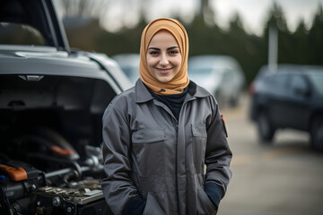 a muslim female mechanic wearing jacket and hijab standing in front of car repairing it with sweet smile on the face while looking in the camera 