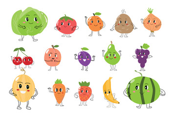 set of cute vegetables and fruits with outline