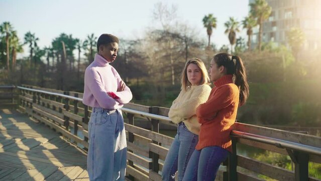 Three female friends talking near the lake in the park during a sunny day. High quality 4k footage
