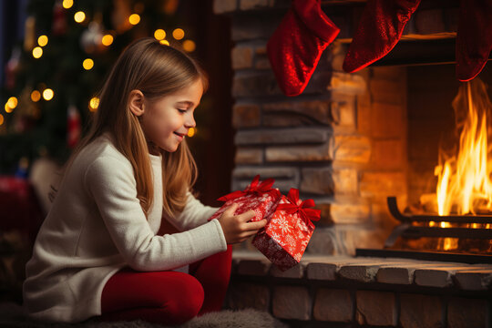 A little smiling girl is curiously looking at a Christmas present by the fireplace