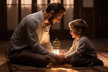 A father and son pray on their knees in a room - obrazy, fototapety, plakaty