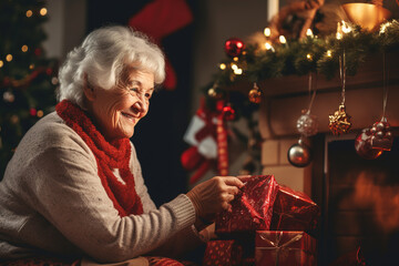 An elderly woman is preparing Christmas presents