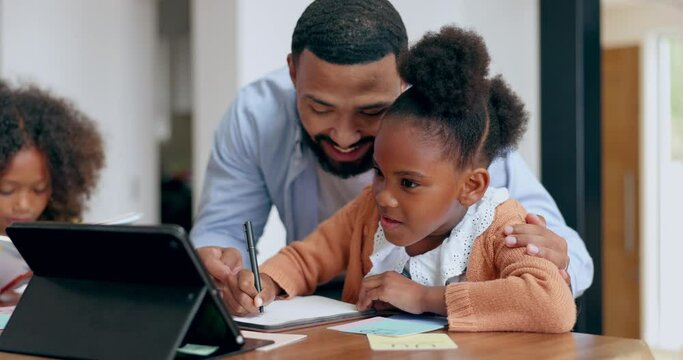 Writing, girl or father with tablet for elearning, info or studying for support, help or remote education. Child development, teaching or dad working with kid in virtual or online class for homework