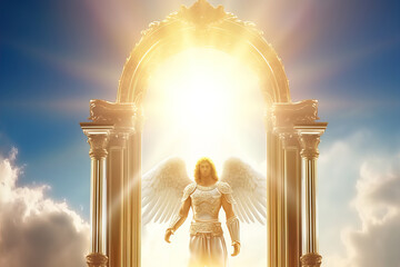 A shining angel in the sky at the entrance to the kingdom of heaven in bright light - obrazy, fototapety, plakaty