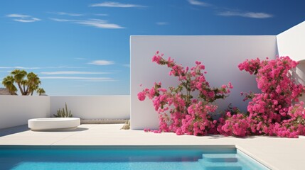 Fototapeta na wymiar A minimalist Mediterranean White Wall and Blue Pool, Accented by Delicate Pink Flowers. 