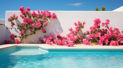 Fototapeta na wymiar A minimalist Mediterranean White Wall and Blue Pool, Accented by Delicate Pink Flowers. 