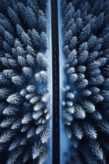 Highway road in winter with a forest and trees in snow. Landscape with a view from above from a drone