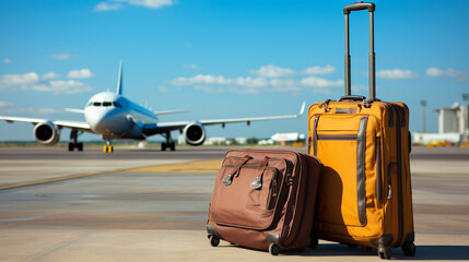 Luggage and airplane on the runway of the airport. Travel concept