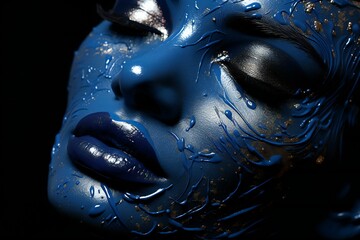 Close-up portrait of beautiful woman with blue make-up on black background
