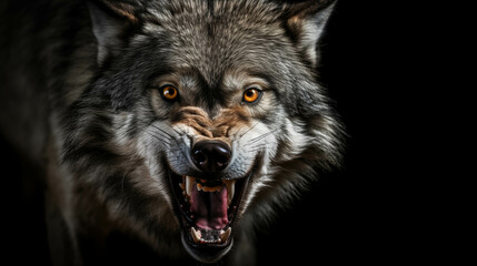 Portrait of a wolf with open mouth on a black background. - obrazy, fototapety, plakaty