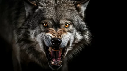 Foto op Plexiglas Portrait of a wolf with open mouth on a black background. © Анастасия Козырева