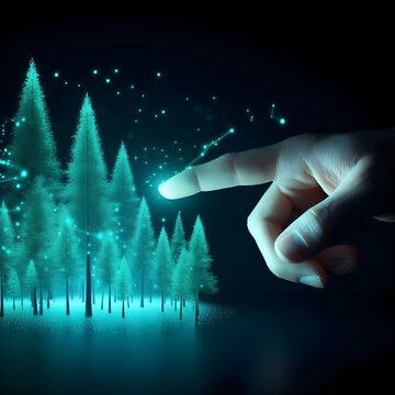 A hand pointing at forest, holographic interation, eco friendly, nature technology, 