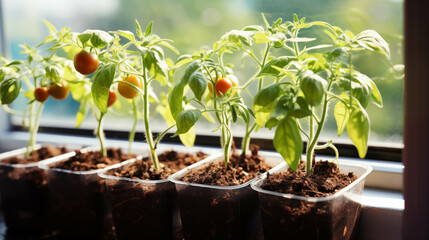 Seedlings of tomatoes in plastic pots on the windowsill.
