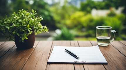 Pen and notebook on the table with a cup of coffee in the garden