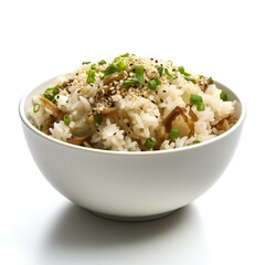 Rice with mushrooms and sesame in a bowl isolated on white background