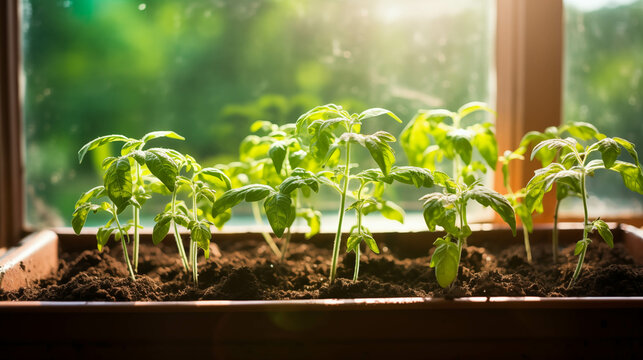 Tomato seedlings on the windowsill.