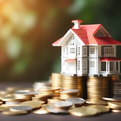 A small, house placed on top of a stack of coins is being used to represent the idea of property and finance