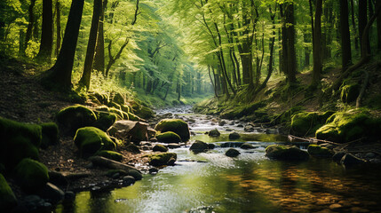 Fototapeta premium Beautiful green forest landscape with a river flowing through the woods.