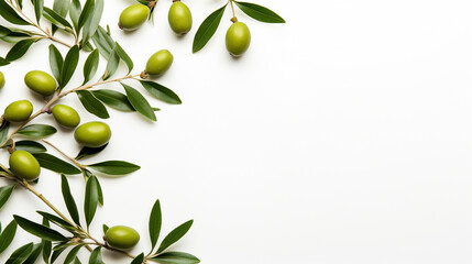 Green olives with leaves on white background. Top view. Copy space.