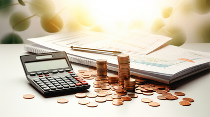 Coins and calculator on the table, business and finance concept. - obrazy, fototapety, plakaty