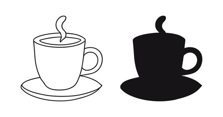 A mug of hot drink, tea, coffee, cappuccino, hot chocolate. Cup with handle on saucer with steam. Drinkware. Silhouette and outline illustration. Black and white vector isolated on white. Icon