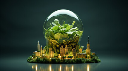 Green city in a glass sphere. Ecology concept. 3d rendering - obrazy, fototapety, plakaty