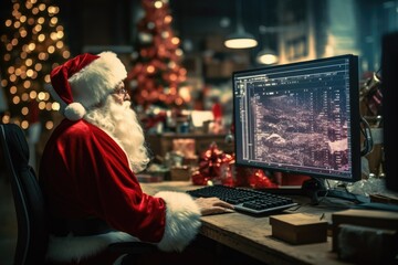 Santa Claus sitting at a desk in front of a computer. This image can be used to represent Santa Claus managing his naughty and nice list or working on his Christmas preparations. - obrazy, fototapety, plakaty