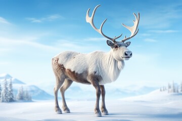 A majestic reindeer stands in a snowy field, surrounded by tall trees. Perfect for winter-themed designs and nature-related projects.